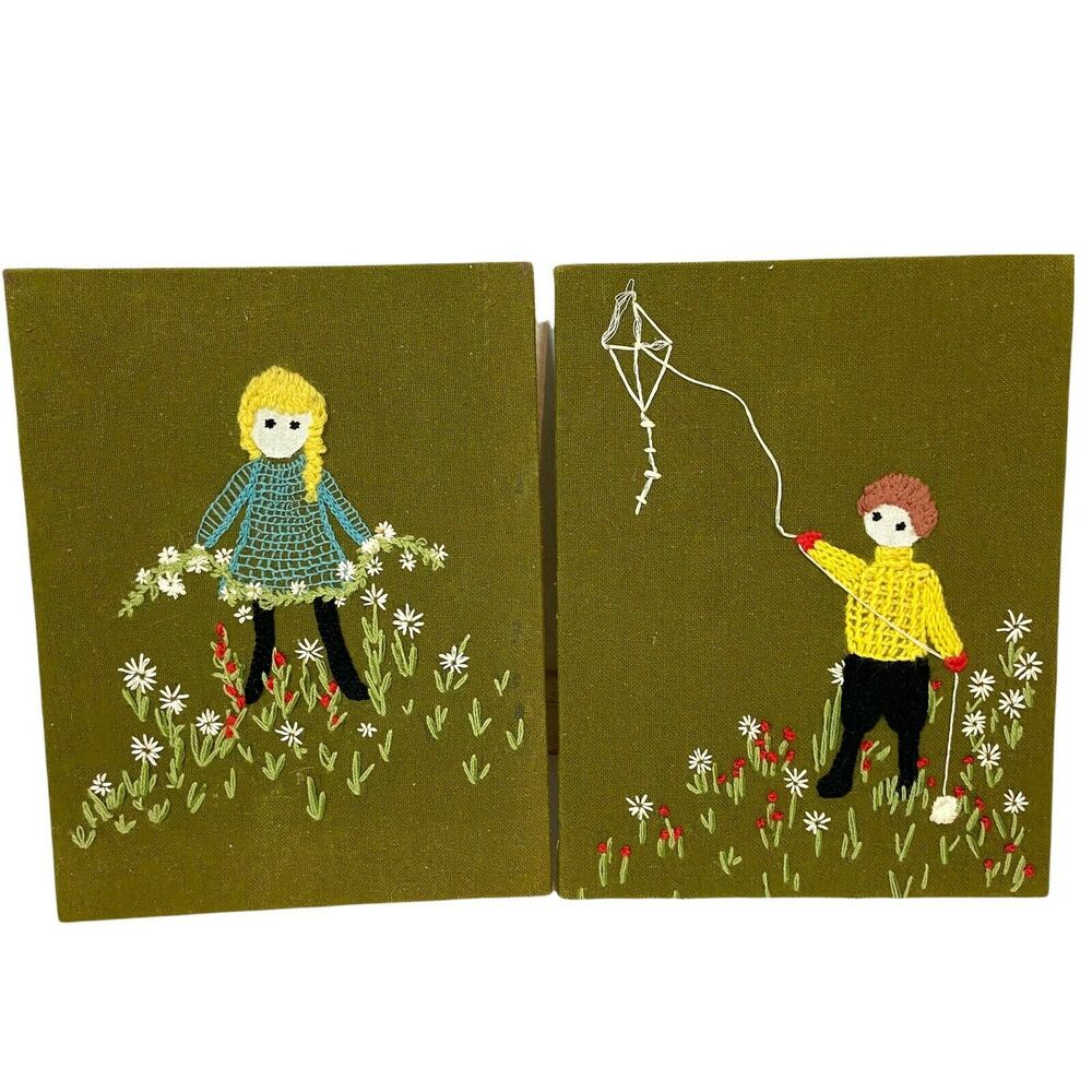 Little Girl Boy Kite Folk Art Embroidered Primitive Unframed Panels Set of 2